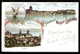 Lithographie Lausanne, Vue générale d`Ouchy, Hotel Chateau